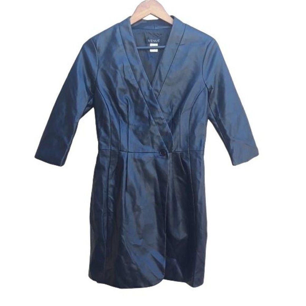 Venus Stripper Faux Leather‎ Wrap Trench Coat Dress 3/4 Sleeve Pockets Blk Sz 6